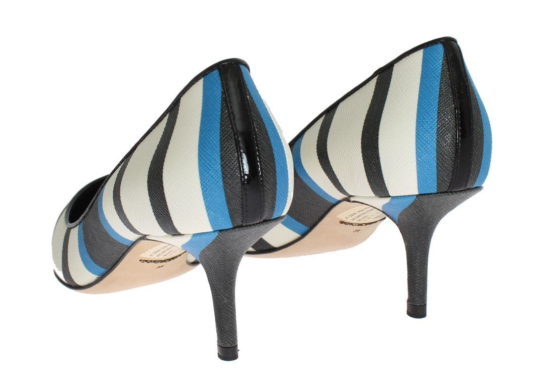Blue Striped Saffiano Leather Pumps
