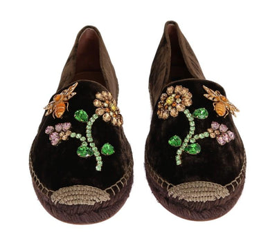 Brown Velvet Crystal Espadrilles Shoes