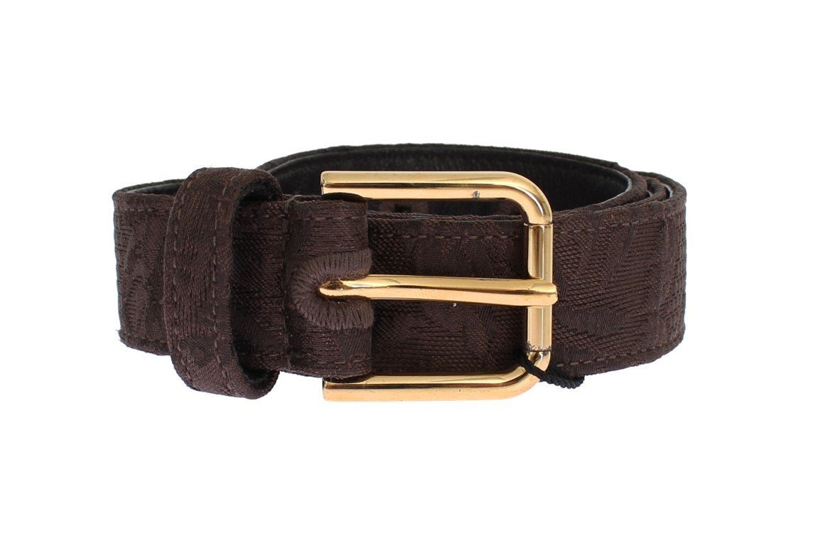 Brown Cotton Brocade Gold Buckle Logo Belt