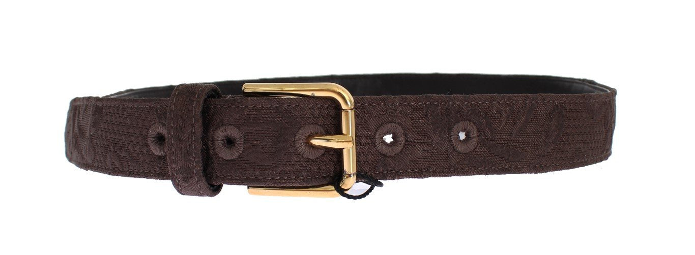 Brown Cotton Brocade Gold Buckle Logo Belt