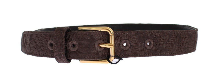 Brown Cotton Brocade Gold Buckle Logo Belt