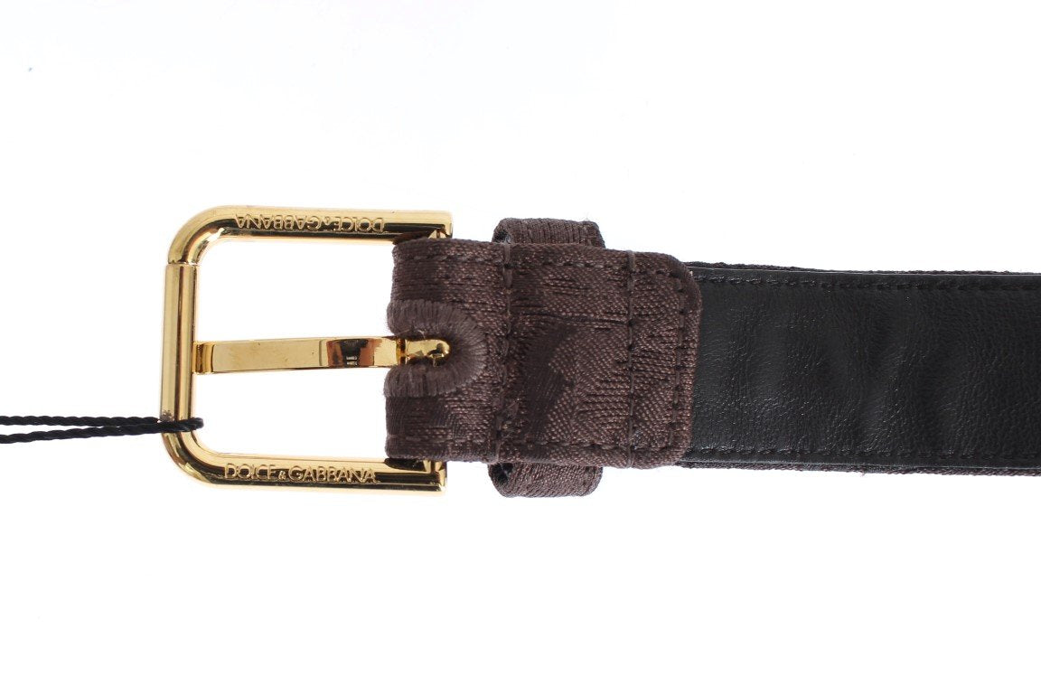Brown Cotton Brocade Gold Buckle Logo Belt