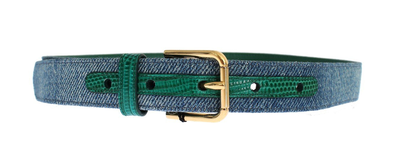 Blue Denim Snakeskin Gold Buckle Logo Belt
