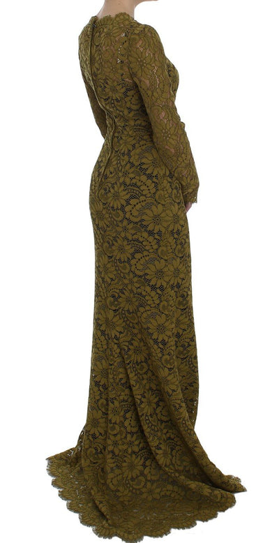 Olive Green Floral Lace Ricamo Maxi Dress