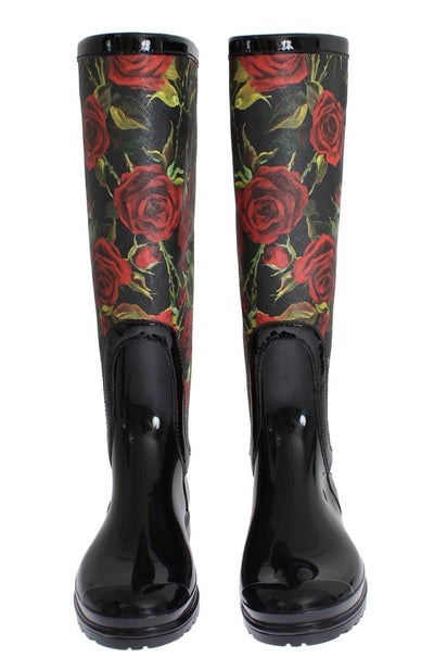 Black Roses Rubber Rain Boots