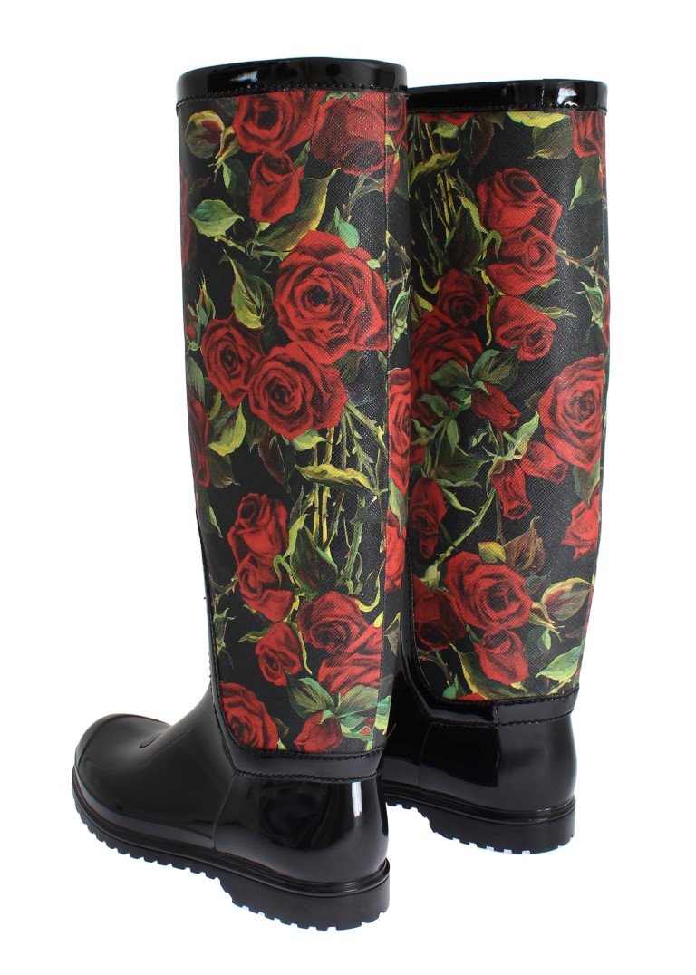 Black Roses Rubber Rain Boots