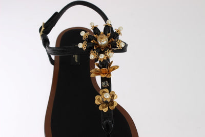 Black Leather Crystal Floral Flip Flop Sandals