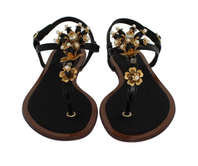 Black Leather Crystal Floral Flip Flop Sandals