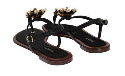 Black Leather Crystal Floral Flip Flop Sandals