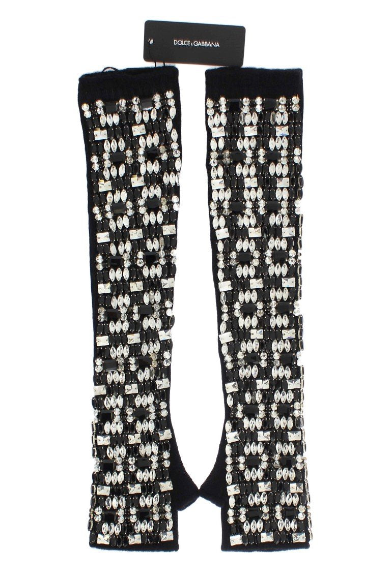 Black Cashmere Crystal Finger Less Gloves