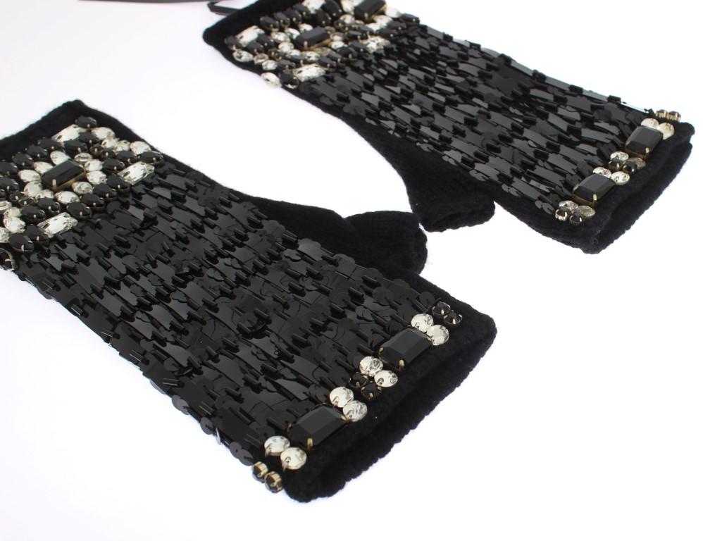Black Cashmere Crystal Finger Less Gloves