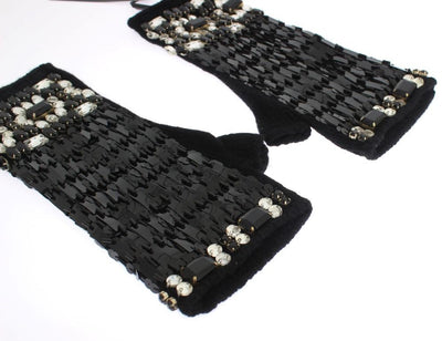 Black Cashmere Crystal Finger Less Gloves