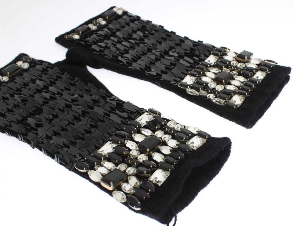 Black Cashmere Crystal Finger Less Gloves