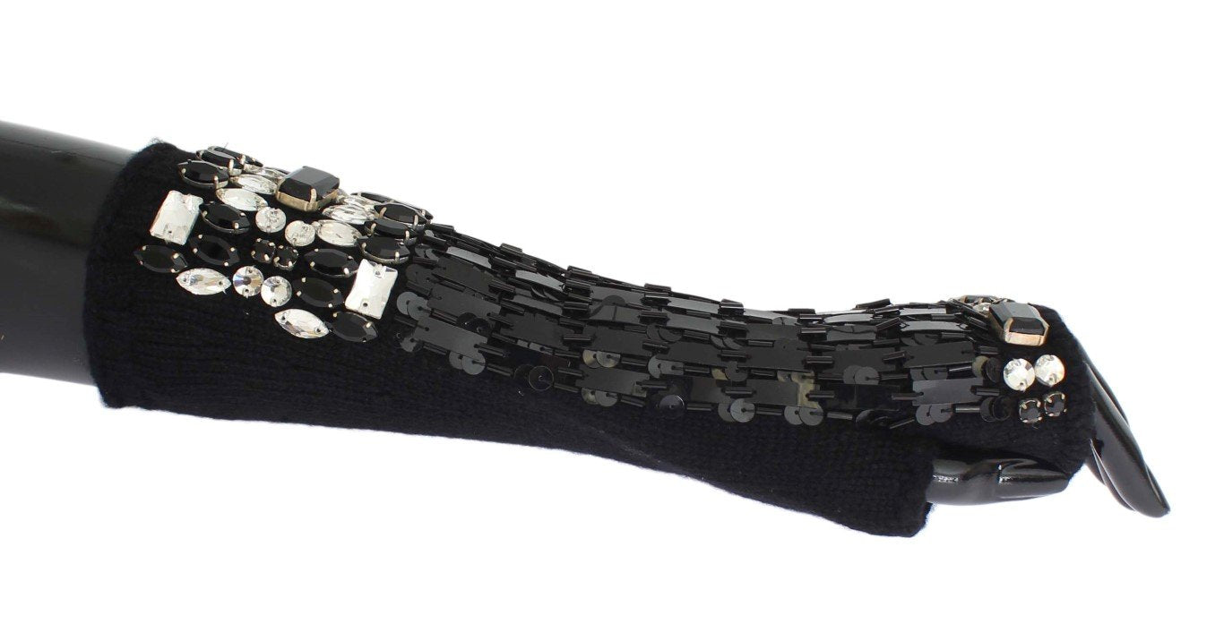 Black Cashmere Crystal Finger Less Gloves