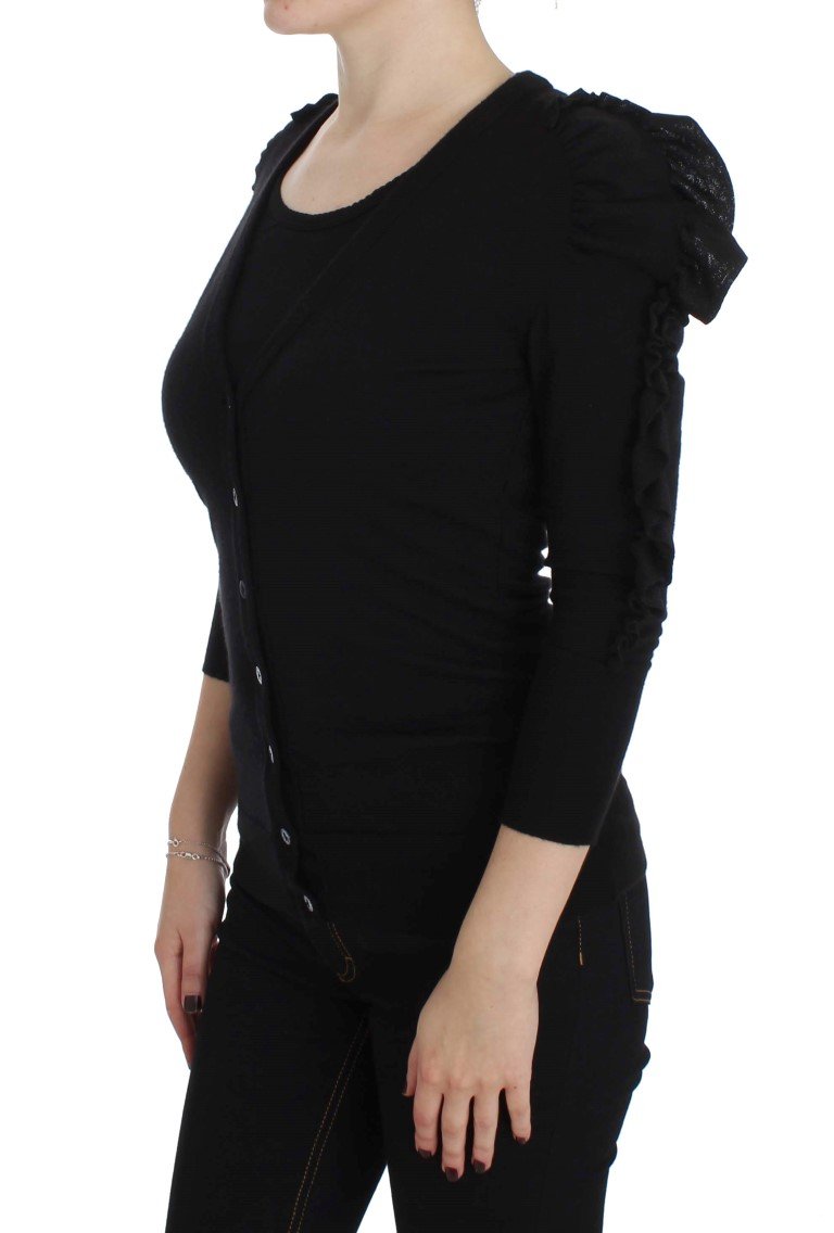 Black Cashmere Blend Ruffled Cardigan Sweater