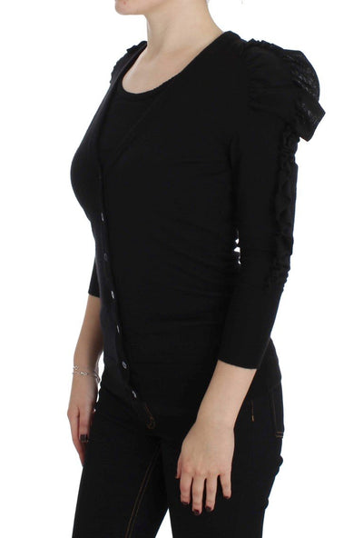 Black Cashmere Blend Ruffled Cardigan Sweater