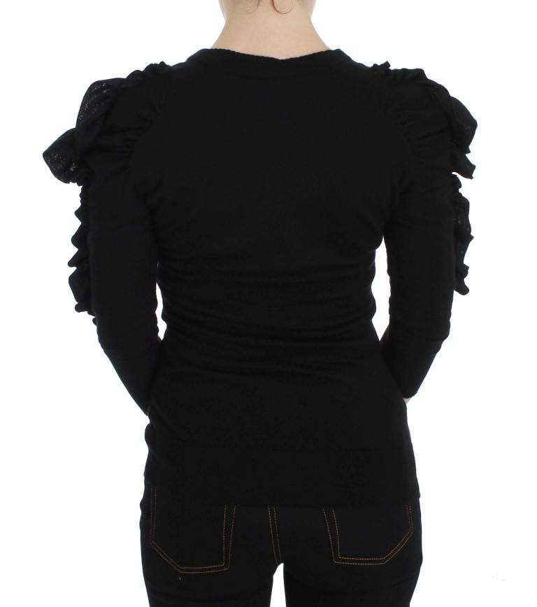 Black Cashmere Blend Ruffled Cardigan Sweater