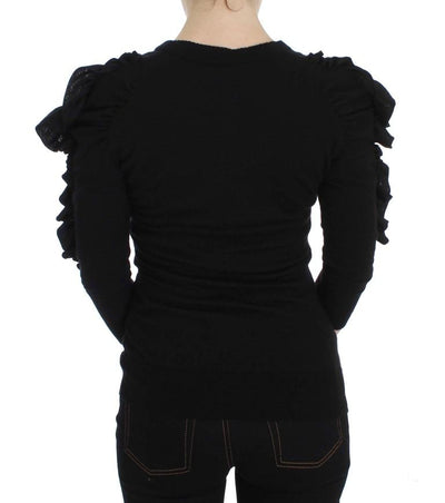 Black Cashmere Blend Ruffled Cardigan Sweater