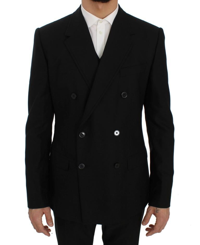 Black Wool Double Breasted 3 Piece Slim Suit