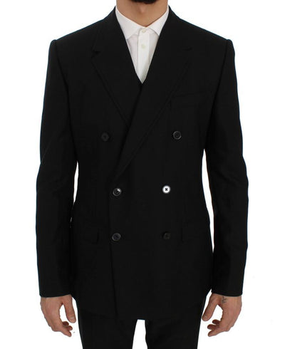 Black Wool Double Breasted 3 Piece Slim Suit
