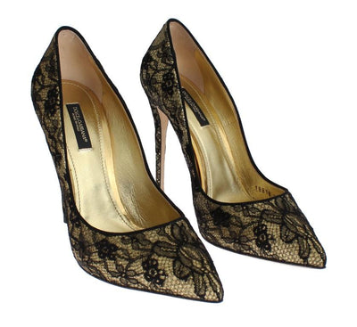 Yellow Black Lace Stiletto Heels Shoes