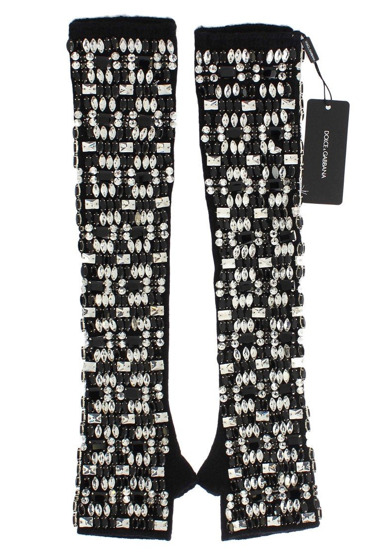 Black Cashmere Crystal Finger Less Gloves