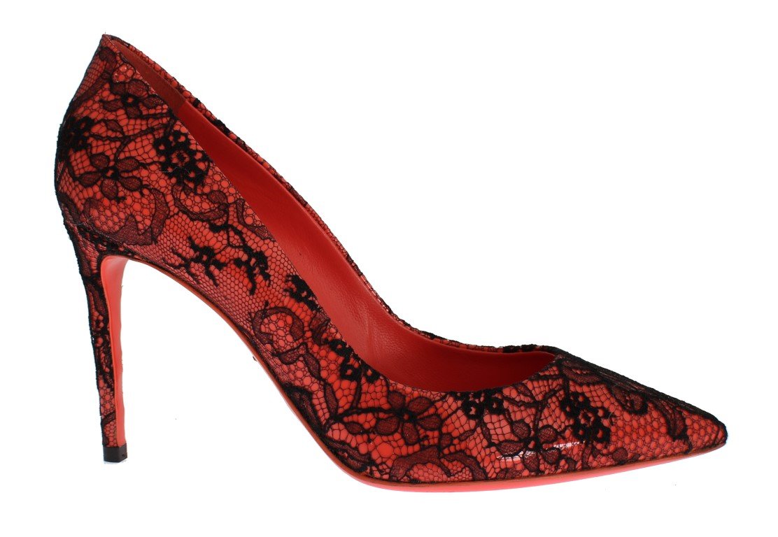 Orange Leather Lace Stiletto Heels Shoes