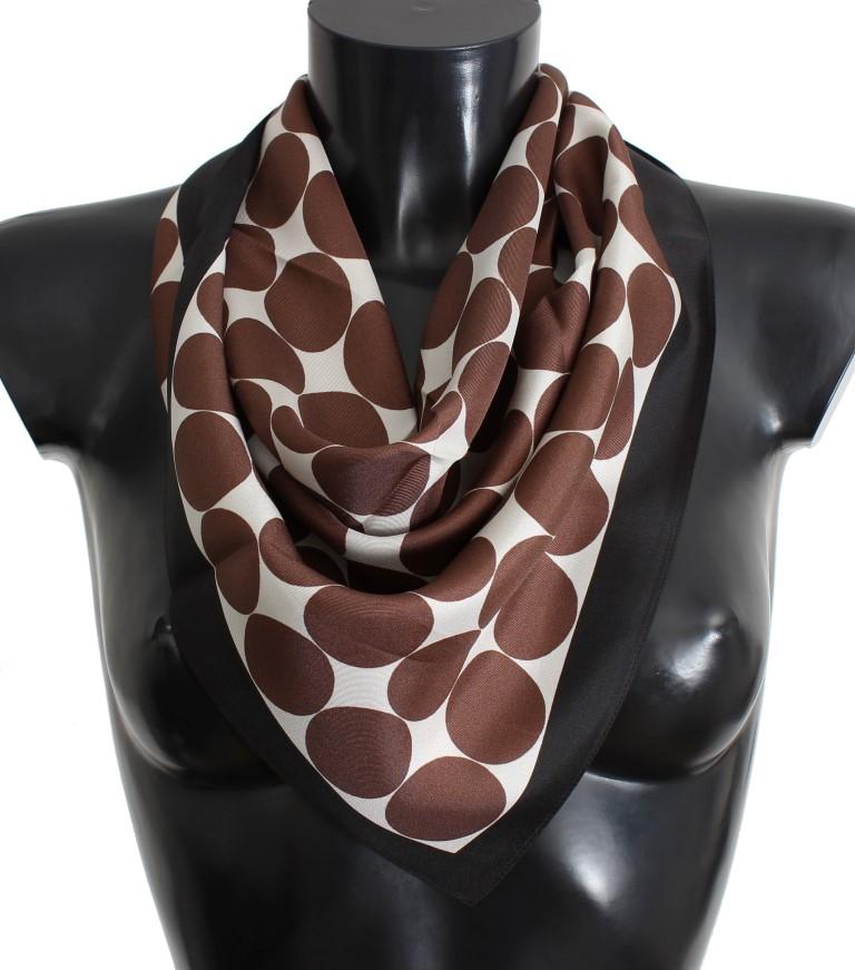 White Brown Polka Dot Print Silk Scarf