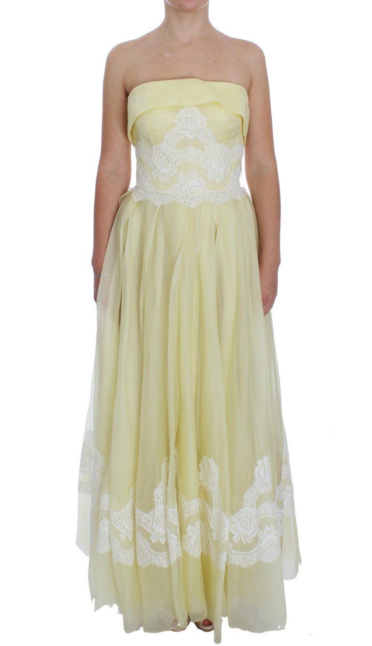 Yellow White Lace Silk Maxi Gown Dress