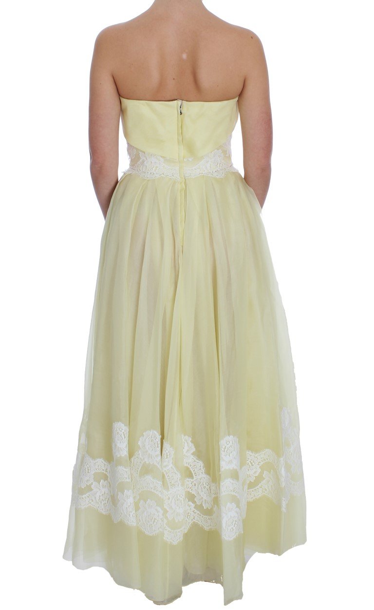 Yellow White Lace Silk Maxi Gown Dress