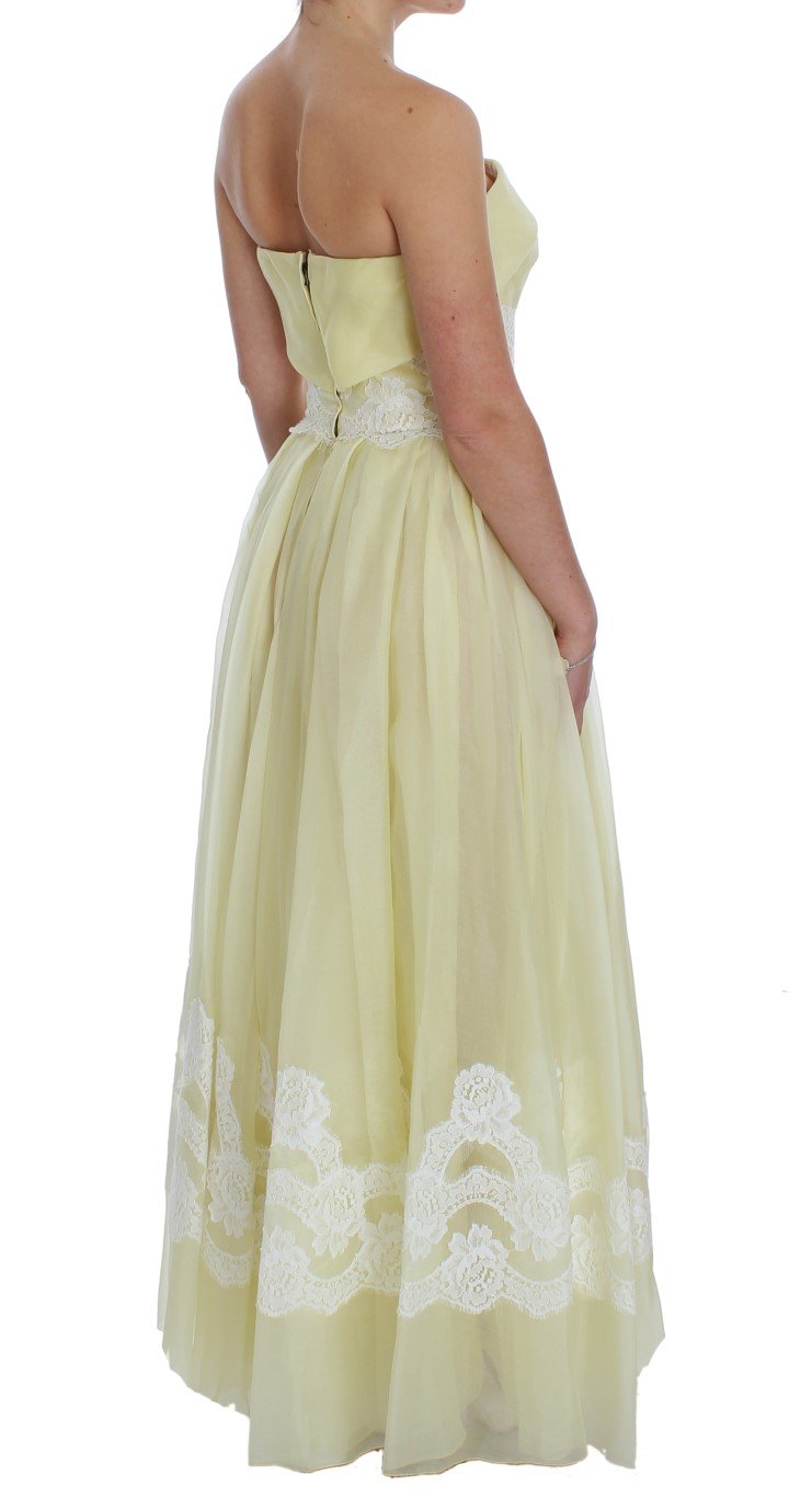 Yellow White Lace Silk Maxi Gown Dress
