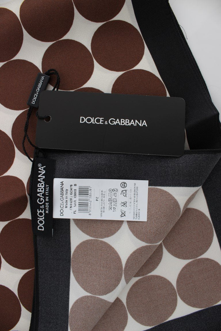 White Brown Polka Dot Print Silk Scarf