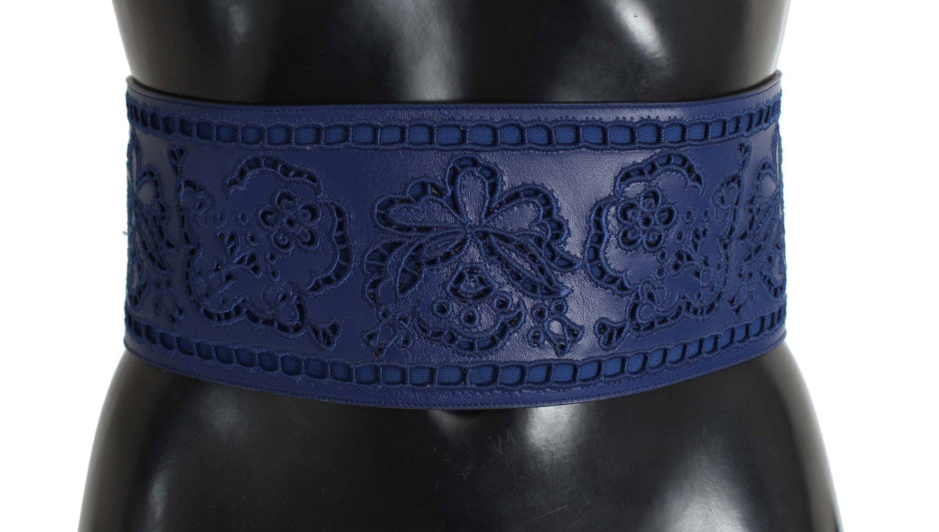 Blue Leather Floral Cutout Wide Belt