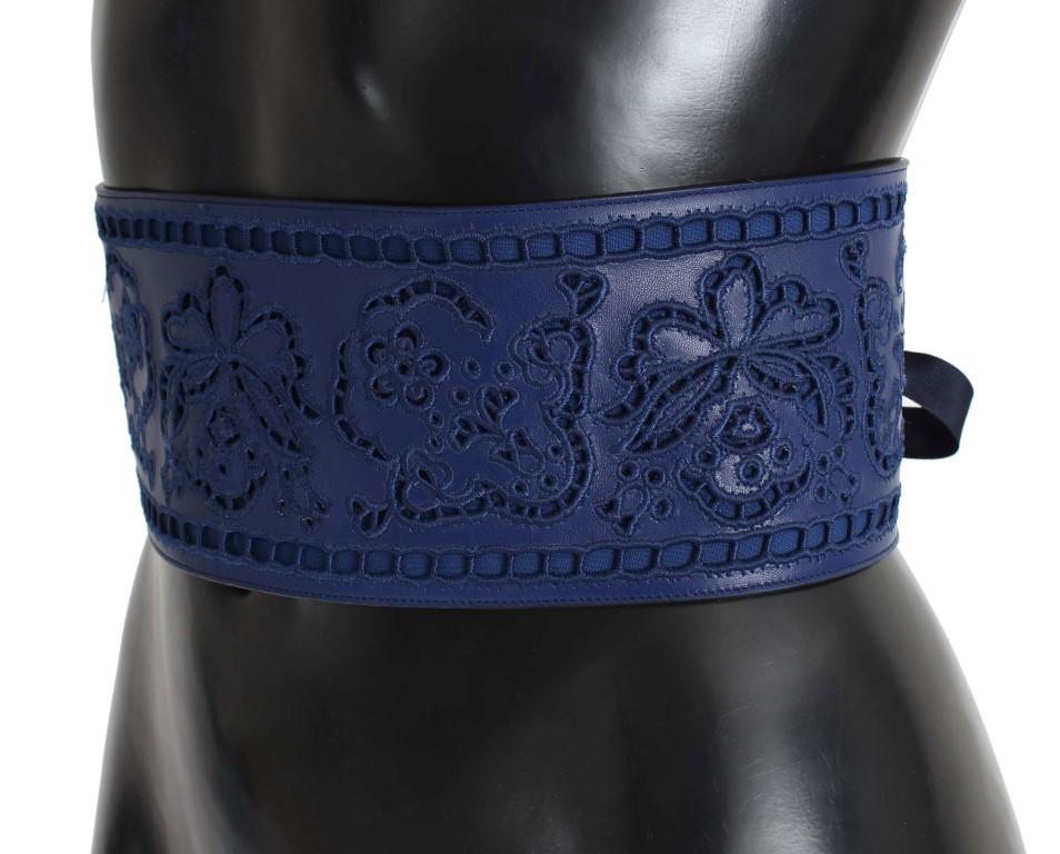Blue Leather Floral Cutout Wide Belt