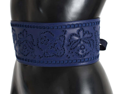 Blue Leather Floral Cutout Wide Belt