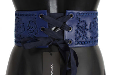 Blue Leather Floral Cutout Wide Belt