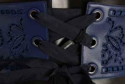 Blue Leather Floral Cutout Wide Belt