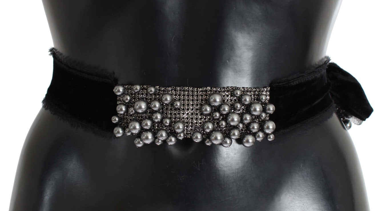 Gray Pearl Black Bow Velvet Waist Belt