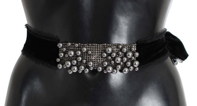 Gray Pearl Black Bow Velvet Waist Belt