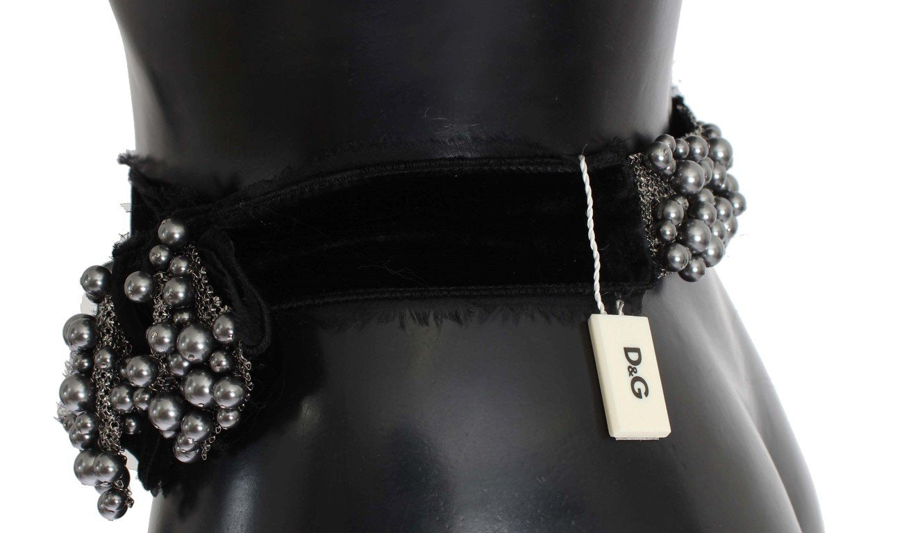 Gray Pearl Black Bow Velvet Waist Belt