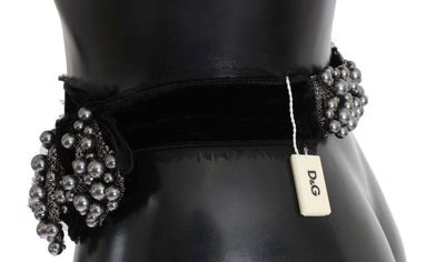 Gray Pearl Black Bow Velvet Waist Belt