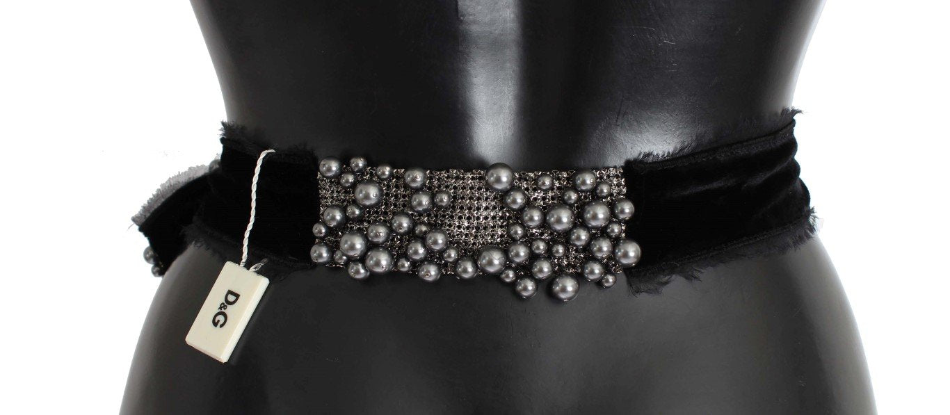 Gray Pearl Black Bow Velvet Waist Belt