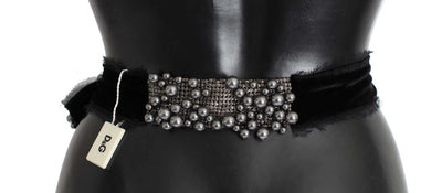 Gray Pearl Black Bow Velvet Waist Belt