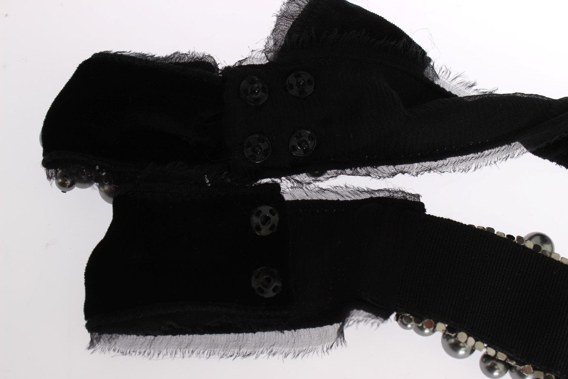 Gray Pearl Black Bow Velvet Waist Belt