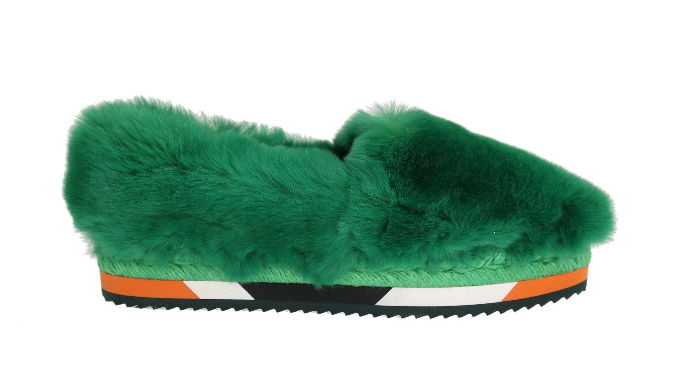 Green Rabbit Fur Espadrilles Loafers