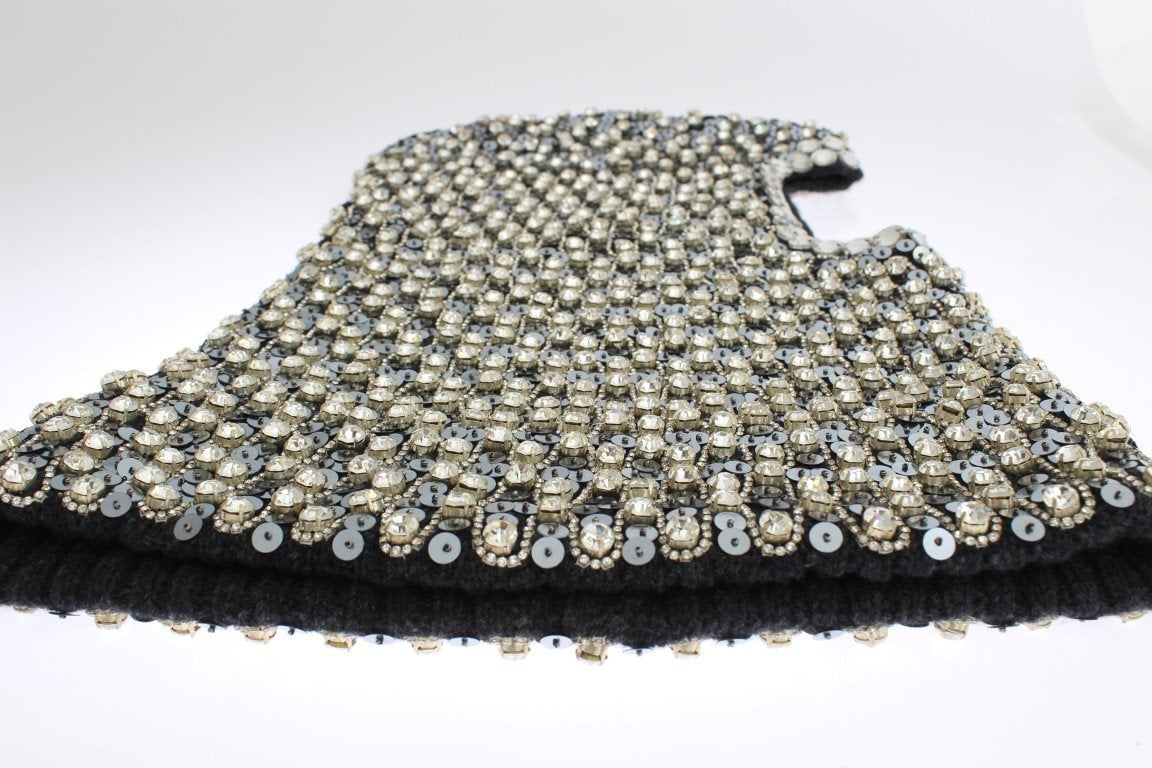 Gray Wool Crystal Sequined Hood Scarf Hat