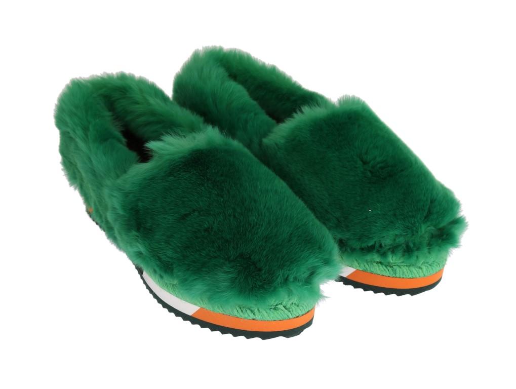 Green Rabbit Fur Espadrilles Loafers