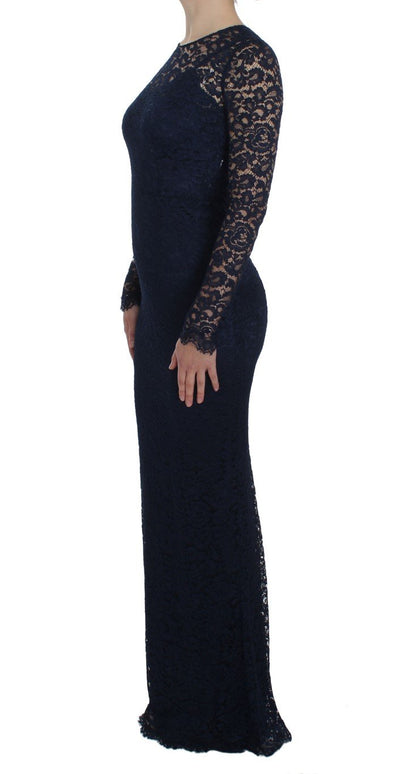 Blue Floral Lace Long Sleeve Sheath Dress