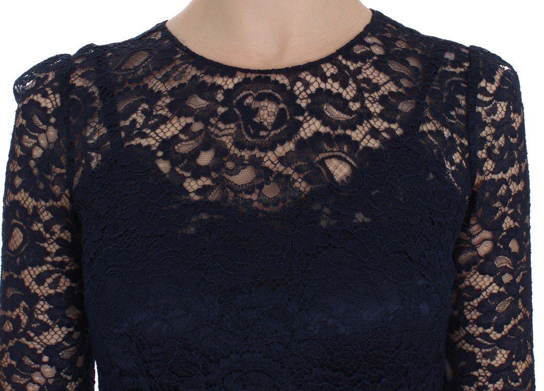 Blue Floral Lace Long Sleeve Sheath Dress