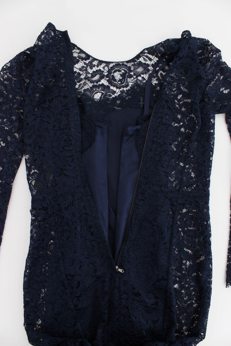 Blue Floral Lace Long Sleeve Sheath Dress